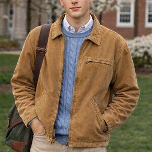 Men's Duck Barn Chore Canvas Sherpa Fleece Lined Brown Jacket Sz XL